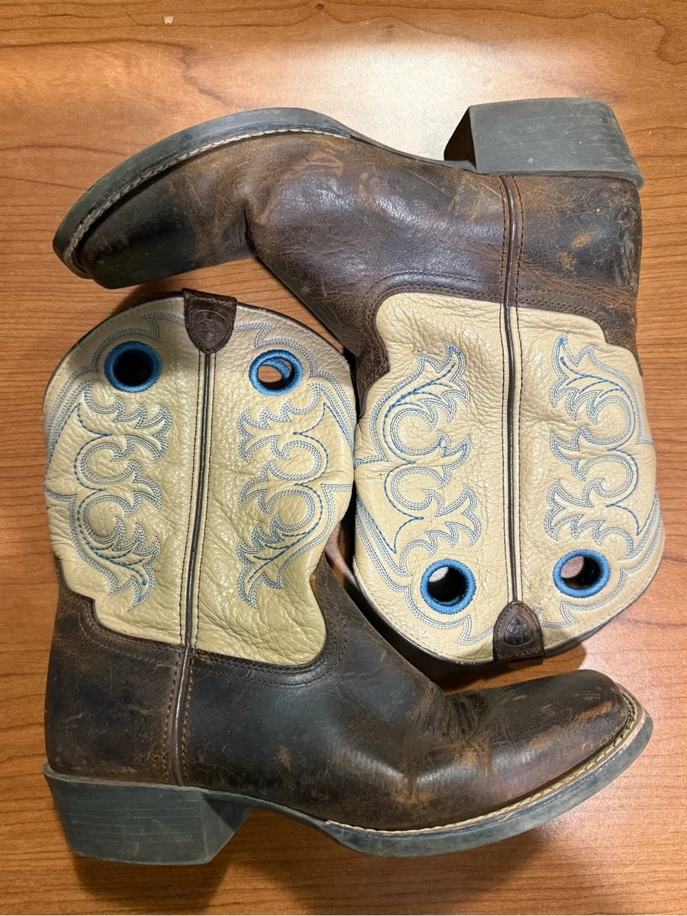 Ariat Brown and Cream Kids Western Pull-On Boots with Blue Accents